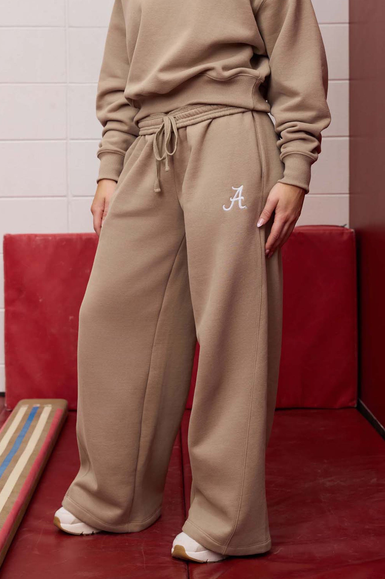 Logo Sueded Fleece Wide Leg in Desert Khaki